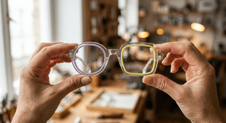 Lunettes colorées dans un atelier.