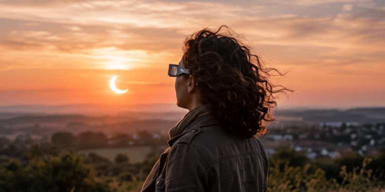 Femme observant une éclipse solaire au crépuscule avec des lunettes de protection