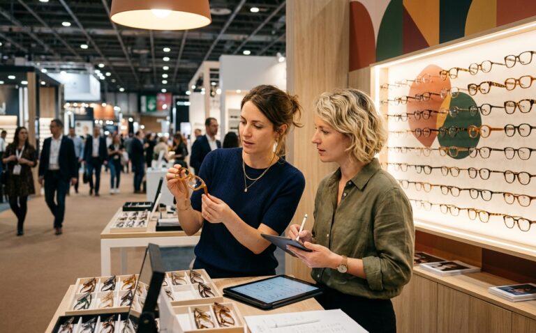 Deux opticiennes examinent une monture en acétate écaille sur un stand du SILMO 2026, salon de l'optique à Paris